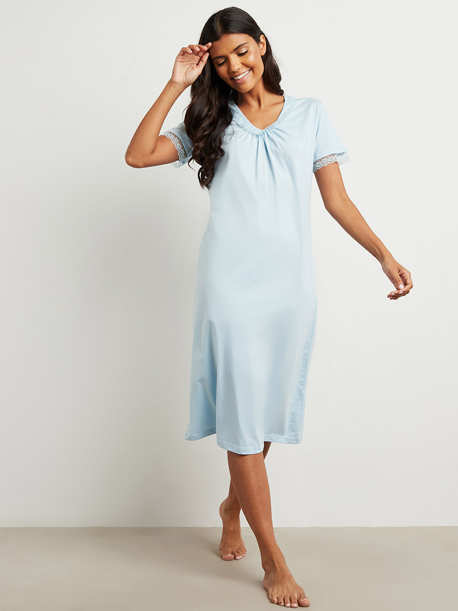 Styli Cotton Lace Trim Floral Pleated Detail Nightie-women-clothing-nightwear-nighties-image-1