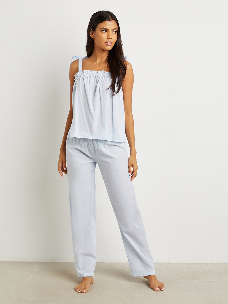 Styli Cotton Tie Shoulder Woven Stripe Cami and Trouser Set-women-clothing-nightwear-pyjamas-bottoms-image-1