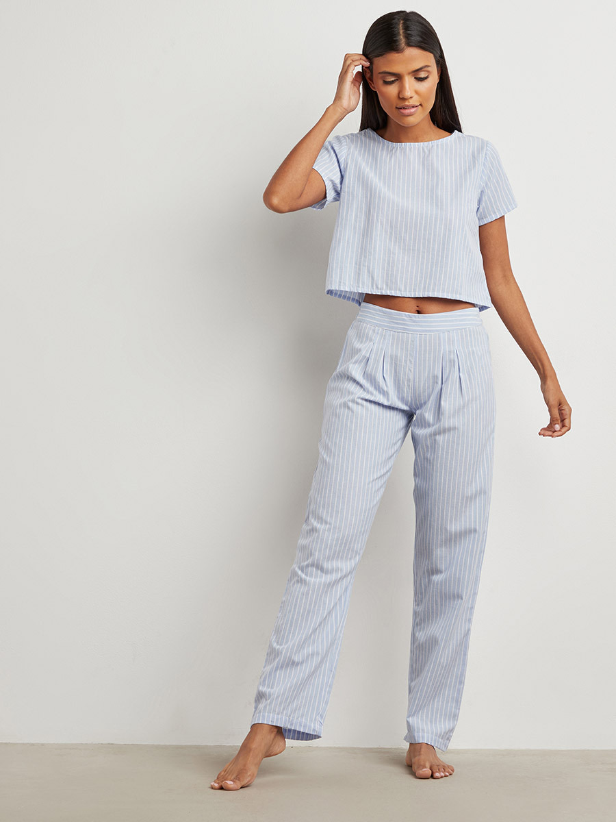 Styli Cotton Woven Striped T-shirt and Trouser Set-women-clothing-nightwear-pyjamas-bottoms-image-1