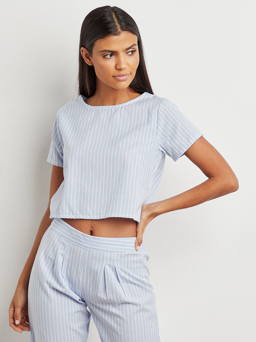 Styli Cotton Woven Striped T-shirt and Trouser Set-women-clothing-nightwear-pyjamas-bottoms-image-2