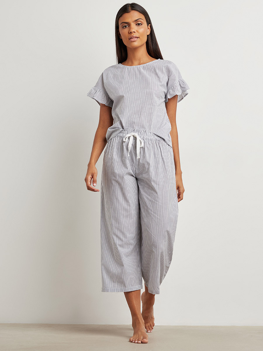 Styli Cotton Ruffle Shoulder Stripe Top and Pyjama Set-women-clothing-nightwear-pyjamas-bottoms-image-1