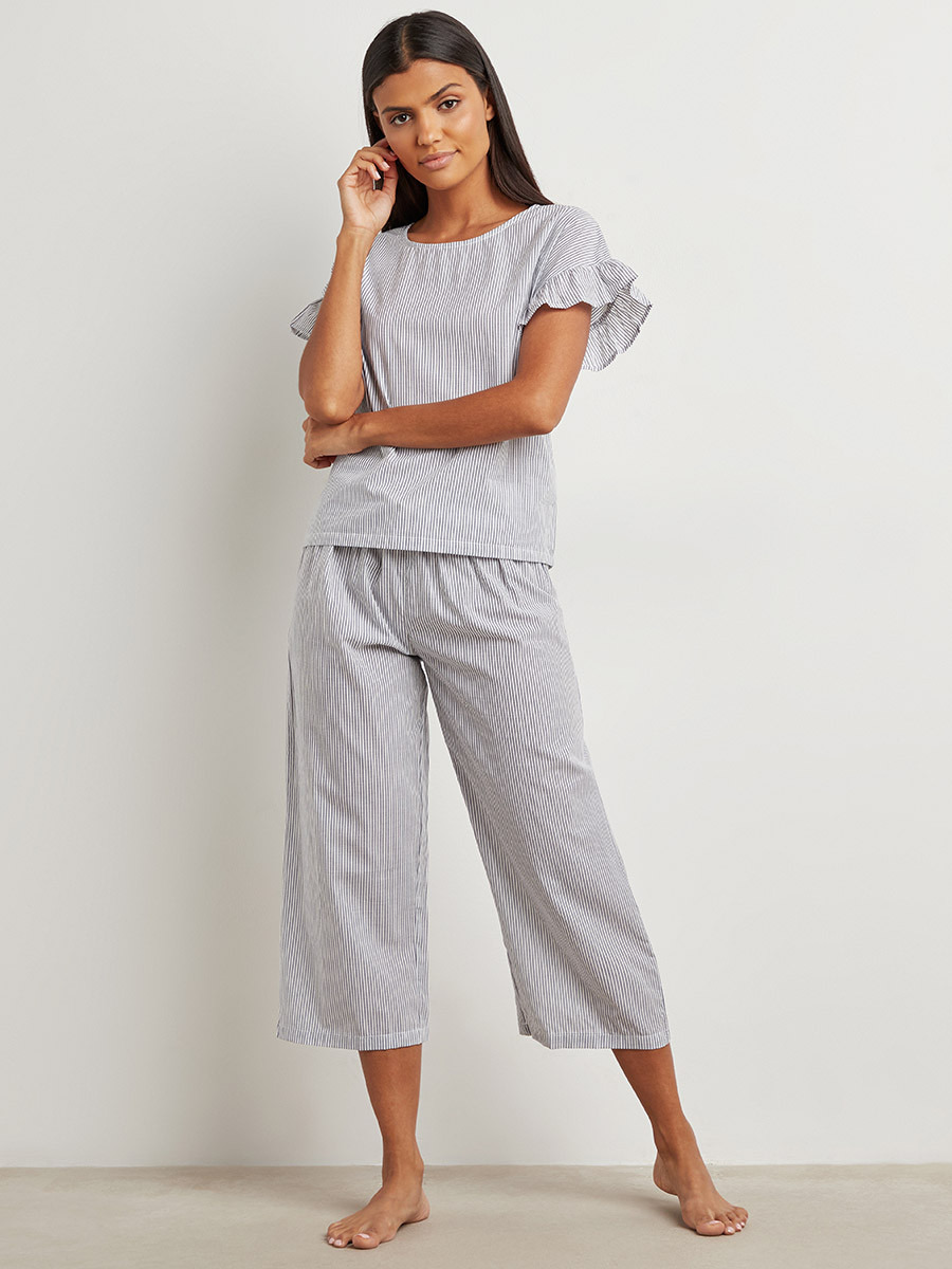 Styli Cotton Ruffle Shoulder Stripe Top and Pyjama Set-women-clothing-nightwear-pyjamas-bottoms-image-4