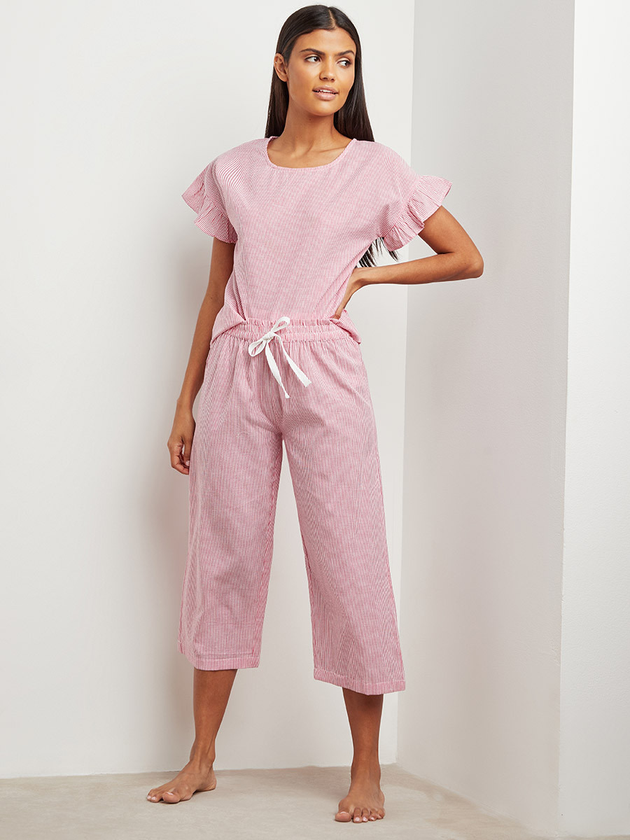 Styli Cotton Ruffle Shoulder Stripe Top and Pyjama Set-women-clothing-nightwear-pyjamas-bottoms-image-1