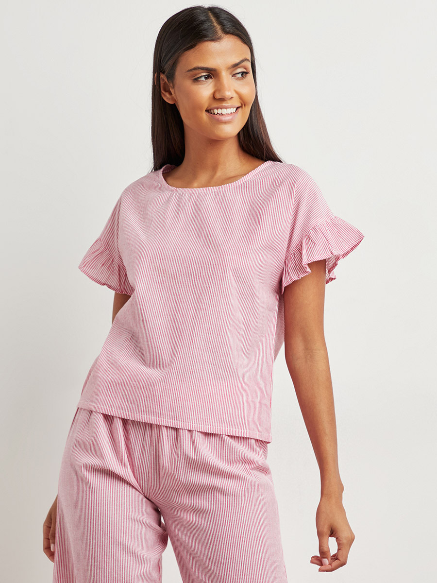 Styli Cotton Ruffle Shoulder Stripe Top and Pyjama Set-women-clothing-nightwear-pyjamas-bottoms-image-2