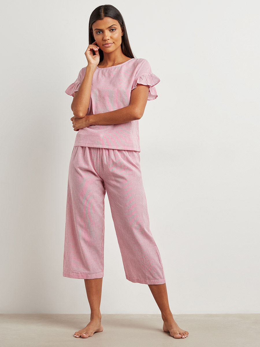Styli Cotton Ruffle Shoulder Stripe Top and Pyjama Set-women-clothing-nightwear-pyjamas-bottoms-image-5