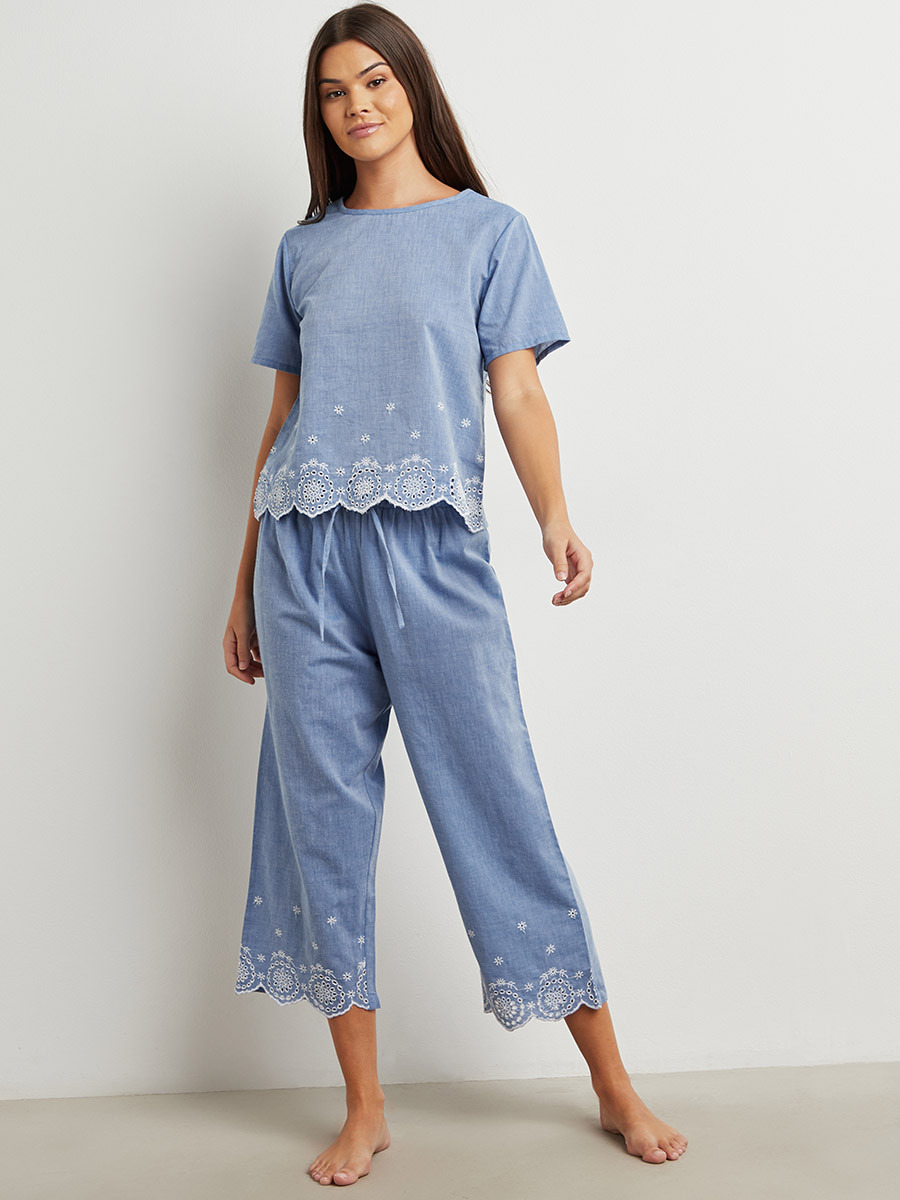 Styli Cotton Chambray Schiffli Hem Detail Top and Capri Set-women-clothing-nightwear-pyjamas-bottoms-image-1