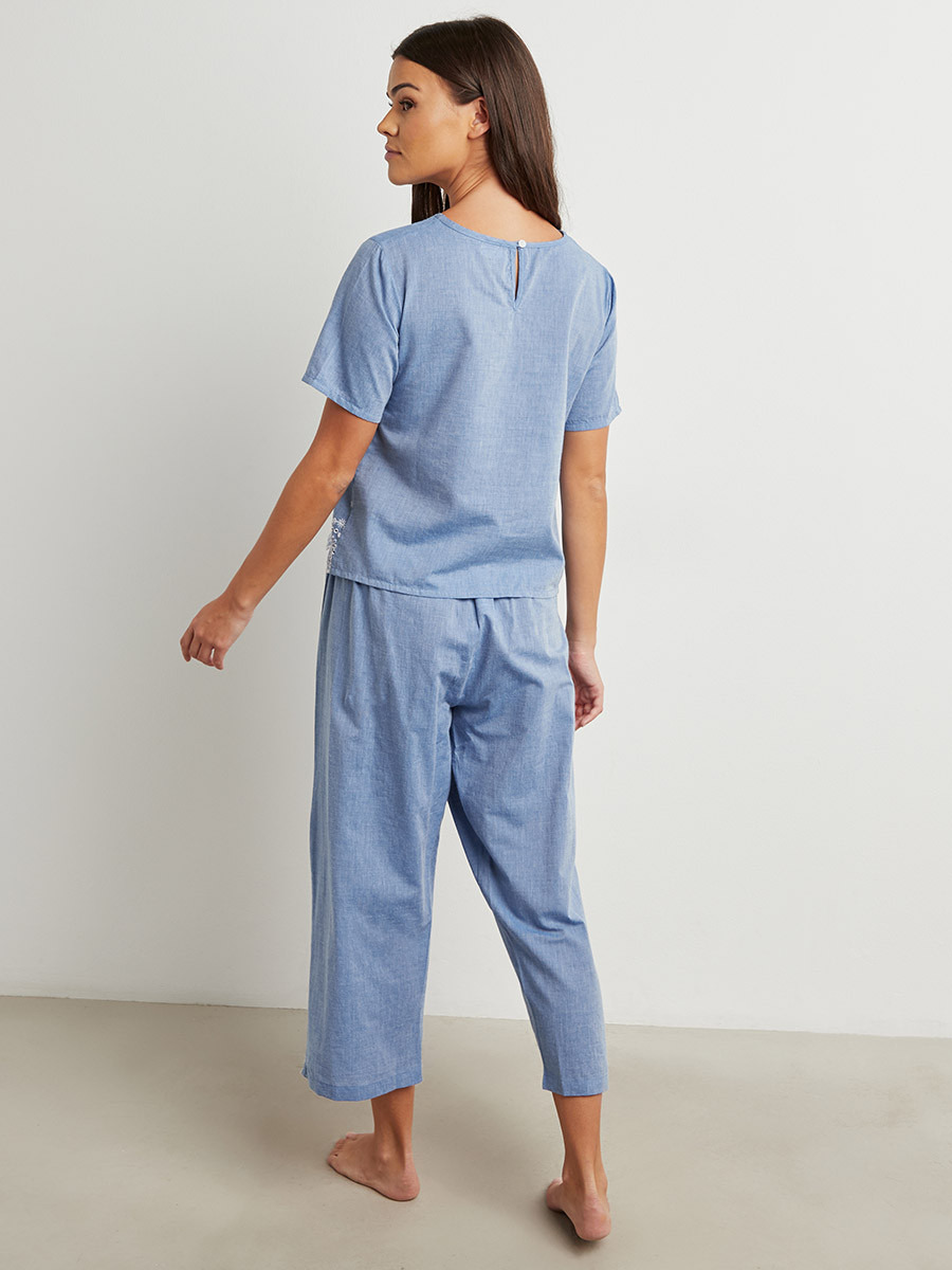 Styli Cotton Chambray Schiffli Hem Detail Top and Capri Set-women-clothing-nightwear-pyjamas-bottoms-image-3