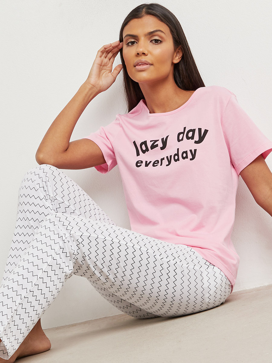 Styli Cotton Lazy Day Slogan Print T-shirt and Pyjama Set-women-clothing-nightwear-pyjamas-bottoms-image-1