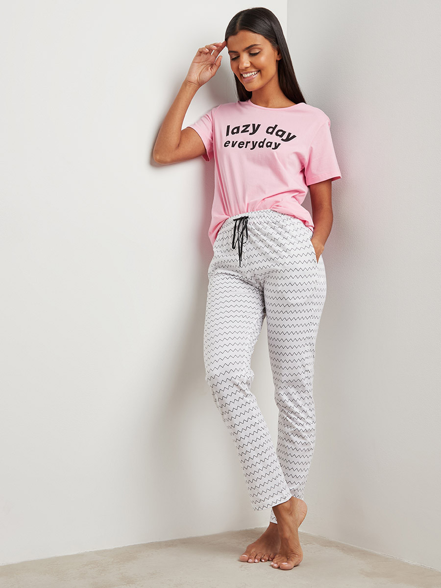 Styli Cotton Lazy Day Slogan Print T-shirt and Pyjama Set-women-clothing-nightwear-pyjamas-bottoms-image-2