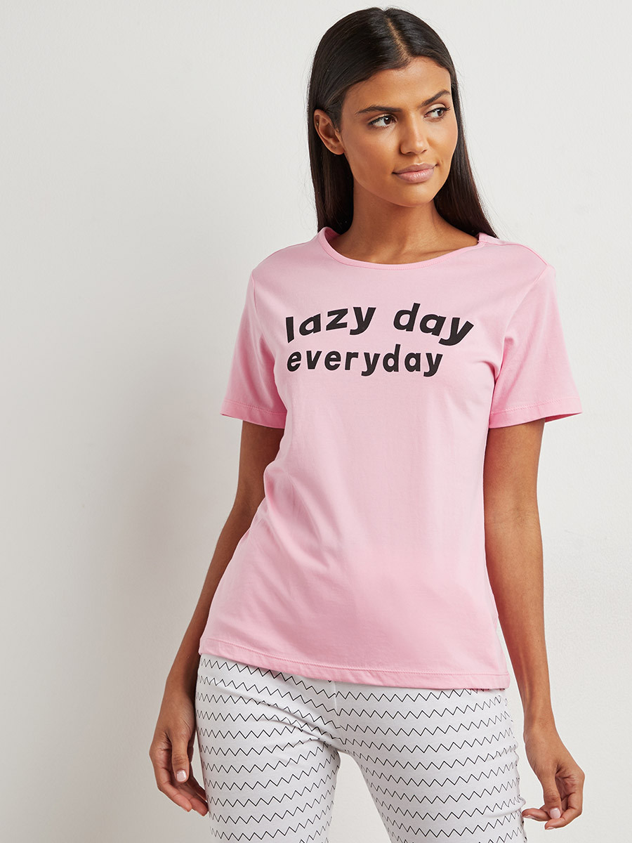 Styli Cotton Lazy Day Slogan Print T-shirt and Pyjama Set-women-clothing-nightwear-pyjamas-bottoms-image-3