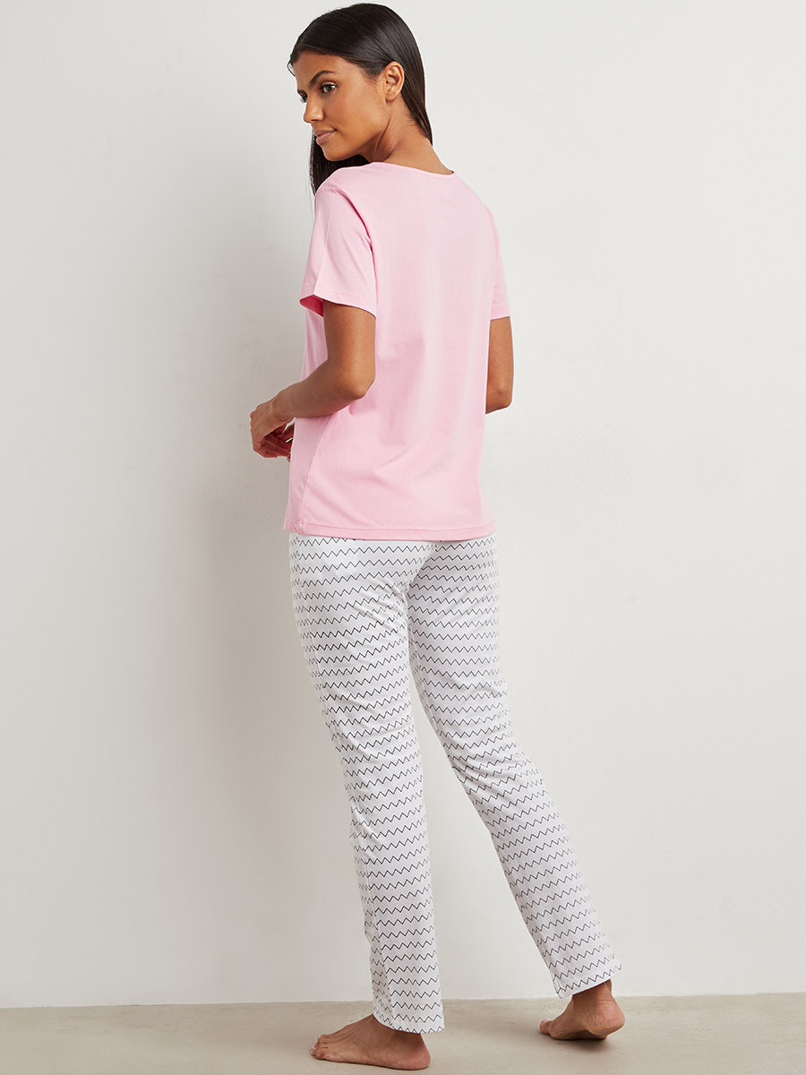 Styli Cotton Lazy Day Slogan Print T-shirt and Pyjama Set-women-clothing-nightwear-pyjamas-bottoms-image-5