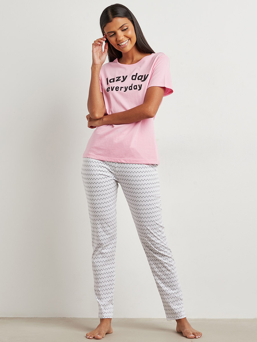 Styli Cotton Lazy Day Slogan Print T-shirt and Pyjama Set-women-clothing-nightwear-pyjamas-bottoms-image-6