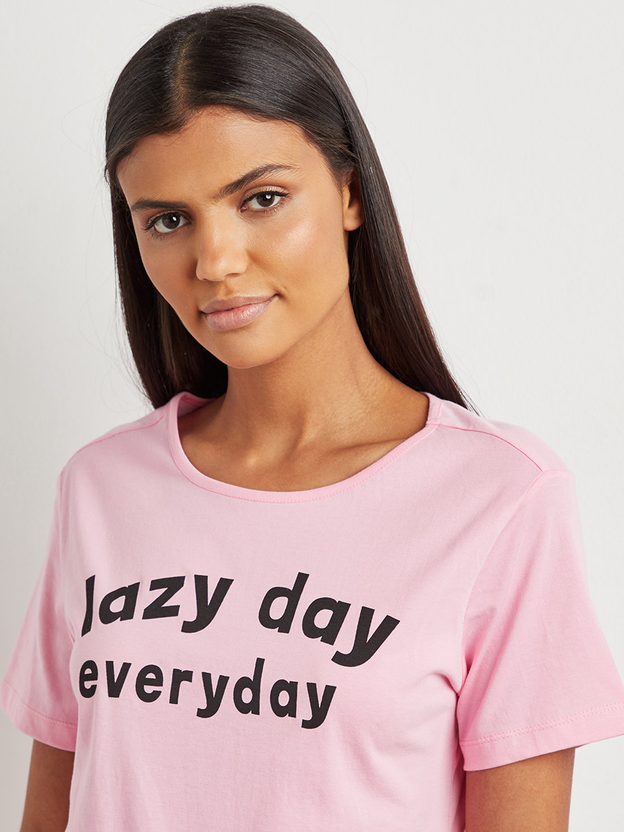 Styli Cotton Lazy Day Slogan Print T-shirt and Pyjama Set-women-clothing-nightwear-pyjamas-bottoms-image-7