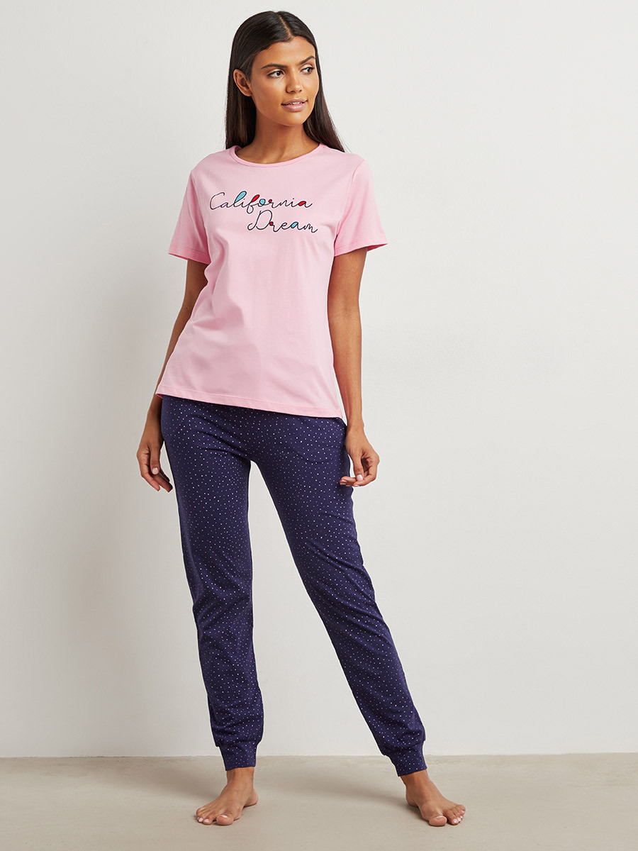 Styli Cotton California Dream Printed T-shirt and Cuff Pyjama Set-women-clothing-nightwear-pyjamas-bottoms-image-1