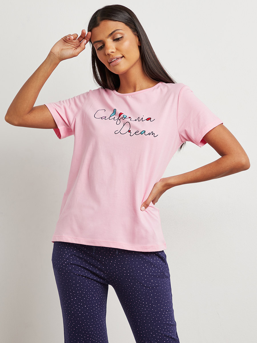 Styli Cotton California Dream Printed T-shirt and Cuff Pyjama Set-women-clothing-nightwear-pyjamas-bottoms-image-2
