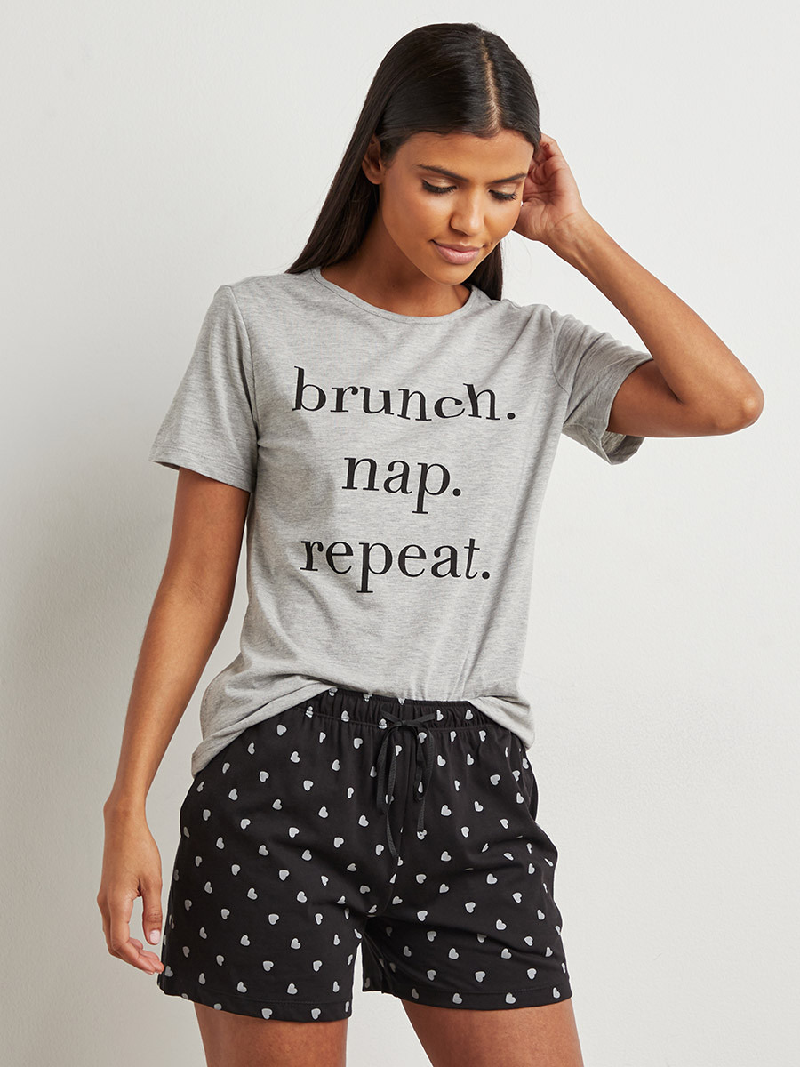 Styli Cotton Brunch Slogan Print T-shirt and Heart Shorts Set-women-clothing-nightwear-pyjamas-bottoms-image-1