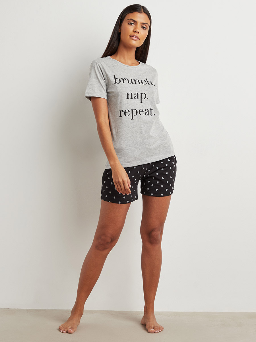 Styli Cotton Brunch Slogan Print T-shirt and Heart Shorts Set-women-clothing-nightwear-pyjamas-bottoms-image-2