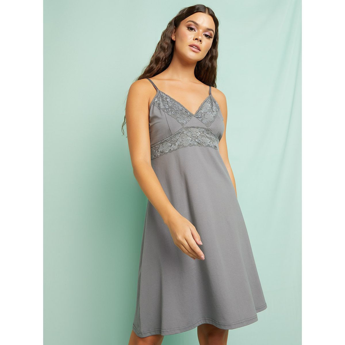 Styli Cotton Lace Insert V Neck Slip Dress-women-clothing-lingerie-camisoles-image-1