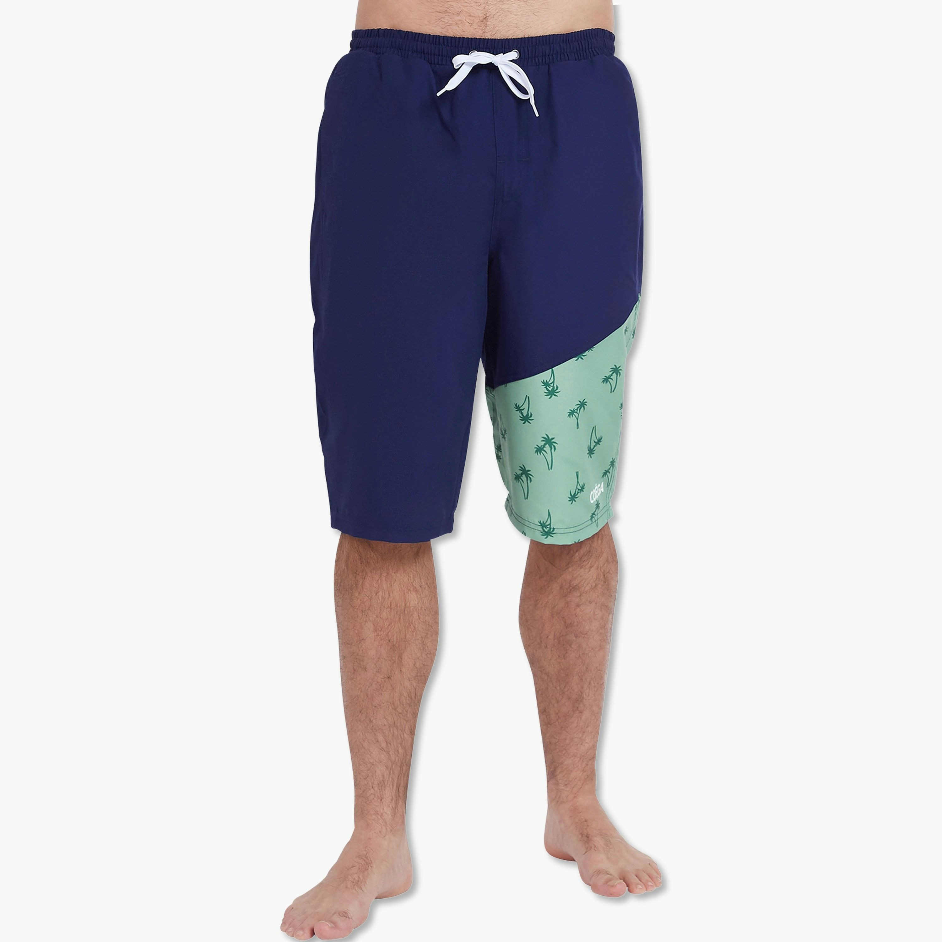 Coega Mens Diagonal Elastic Waist Swim Capris - Navy Spring Palms-sports-men-clothing-swimwear-image-1