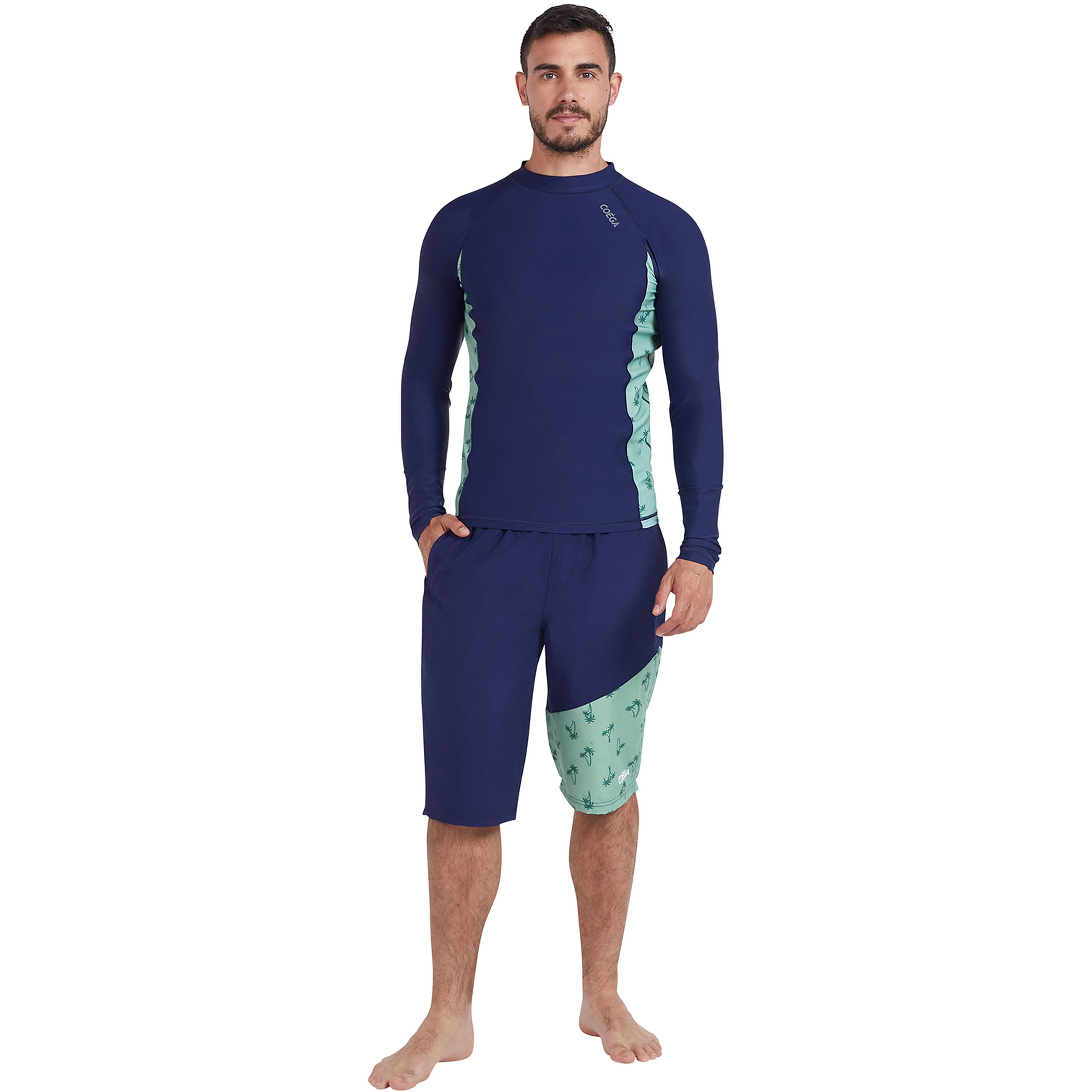Coega Mens Diagonal Elastic Waist Swim Capris - Navy Spring Palms-sports-men-clothing-swimwear-image-2
