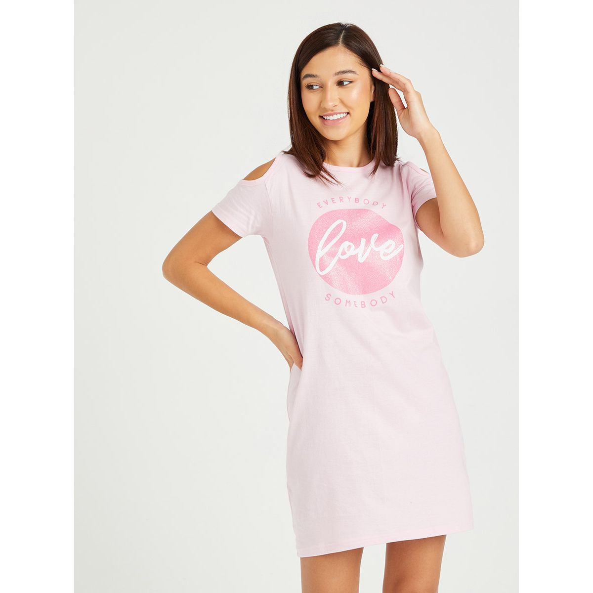 Styli Cotton Cold Shoulder Glitter Love Slogan Print Mini Sleep T-shirt Dress-women-clothing-nightwear-nighties-image-1