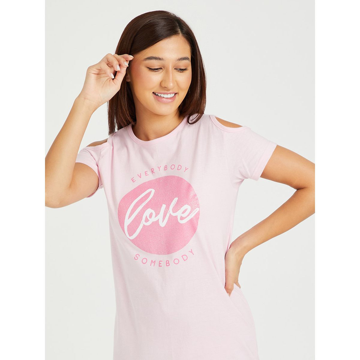 Styli Cotton Cold Shoulder Glitter Love Slogan Print Mini Sleep T-shirt Dress-women-clothing-nightwear-nighties-image-2