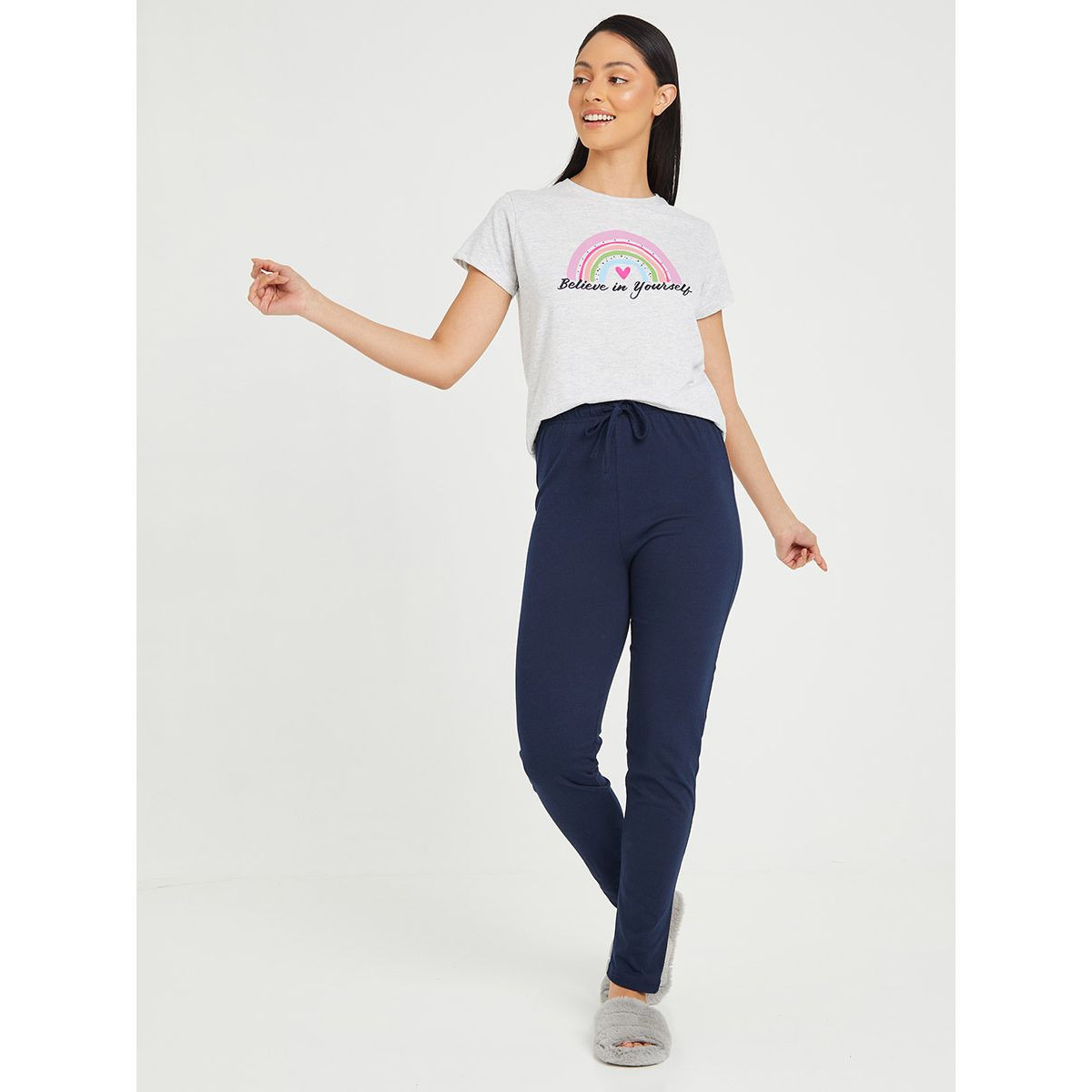Styli Cotton Believe In Yourself Graphic Print T-shirt and Solid Pyjama Set-women-clothing-nightwear-pyjamas-longsets-image-1