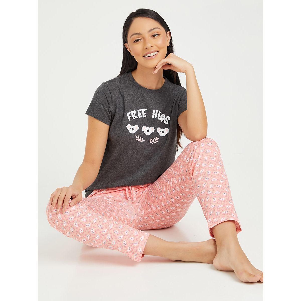 Styli Cotton Free Hugs Slogan Print T-shirt and Koala AOP Pyjama Set-women-clothing-nightwear-pyjamas-longsets-image-1
