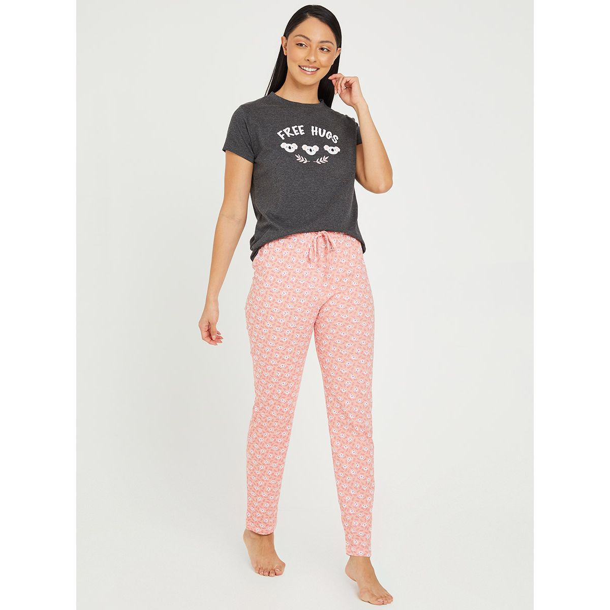 Styli Cotton Free Hugs Slogan Print T-shirt and Koala AOP Pyjama Set-women-clothing-nightwear-pyjamas-longsets-image-2