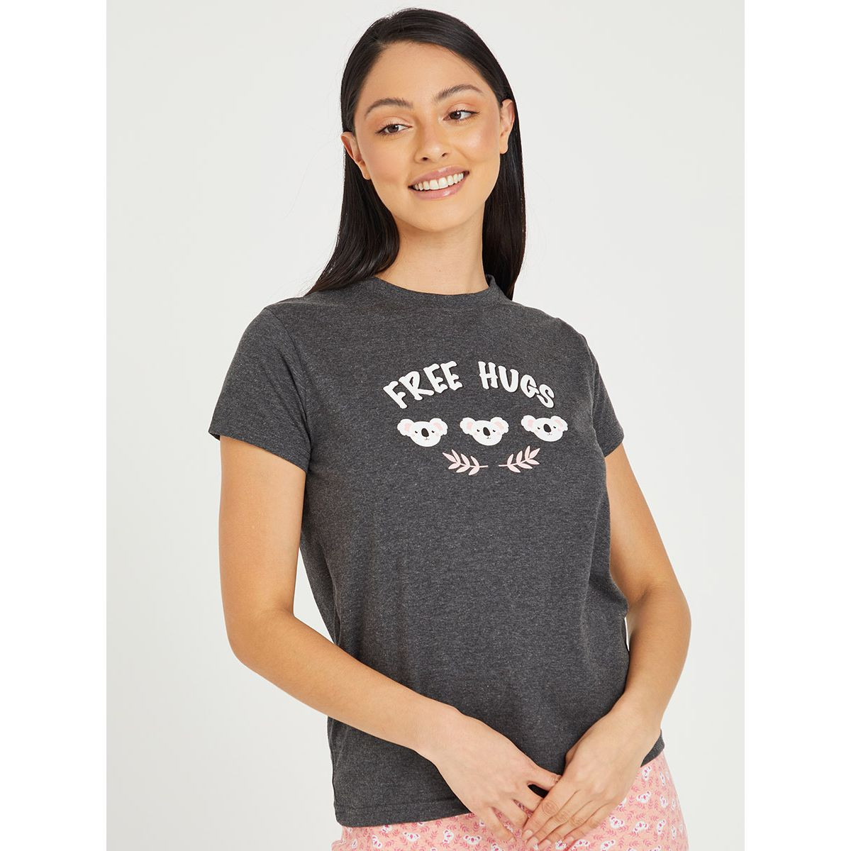 Styli Cotton Free Hugs Slogan Print T-shirt and Koala AOP Pyjama Set-women-clothing-nightwear-pyjamas-longsets-image-3