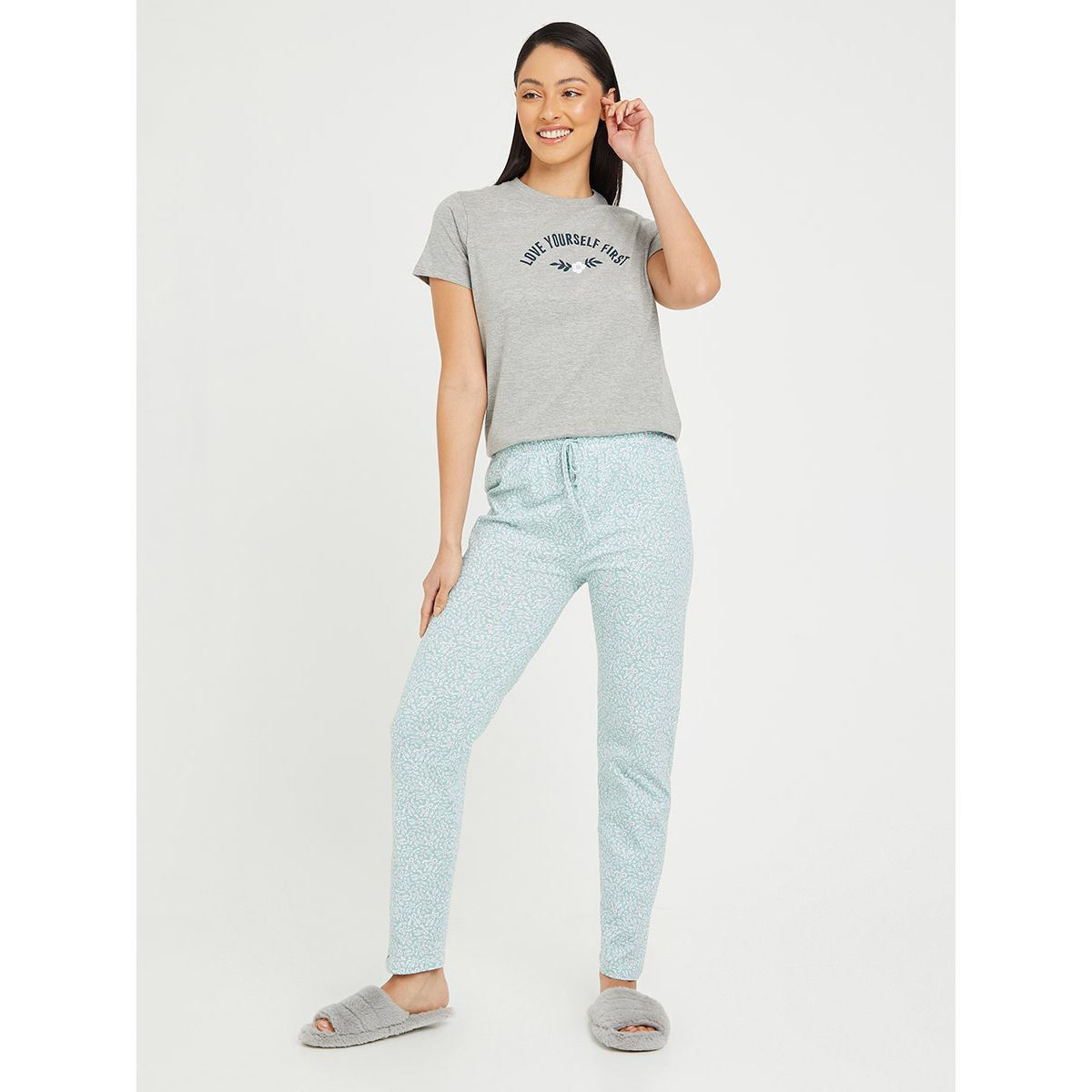 Styli Cotton Love Yourself Slogan Print T-shirt and Ditsy Floral Pyjama Set-women-clothing-nightwear-pyjamas-longsets-image-1