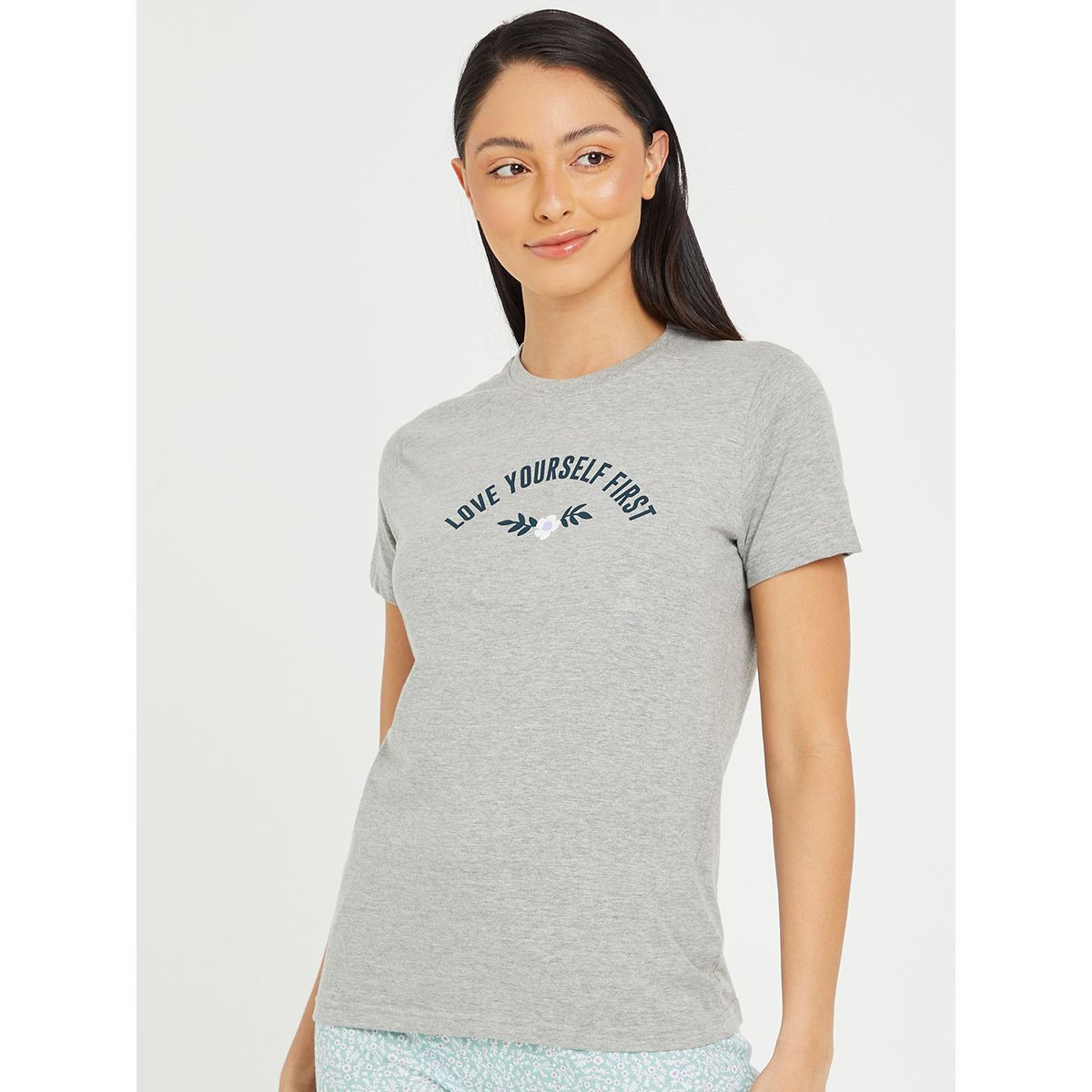 Styli Cotton Love Yourself Slogan Print T-shirt and Ditsy Floral Pyjama Set-women-clothing-nightwear-pyjamas-longsets-image-2