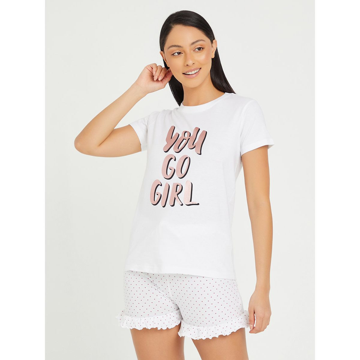 Styli Cotton You Go Girl Foil Print T-shirt and Ruffle Short Set-women-clothing-nightwear-pyjamas-longsets-image-2