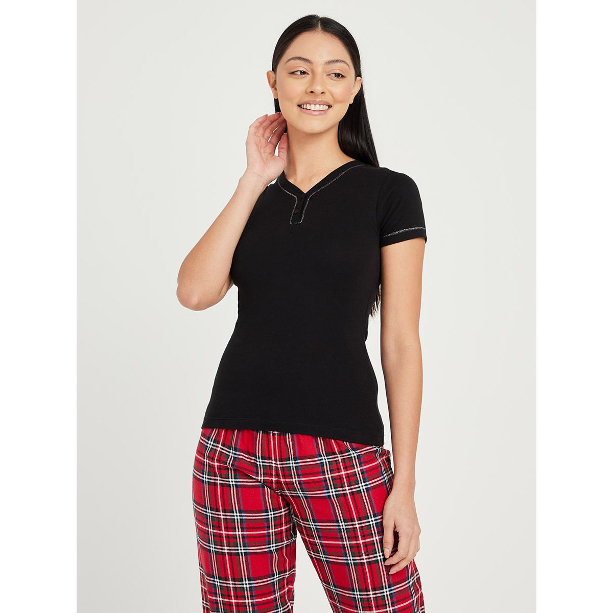 Styli Placket Detail Rib T-shirt and Checked Cuff Pyjama Set-women-clothing-nightwear-pyjamas-longsets-image-2