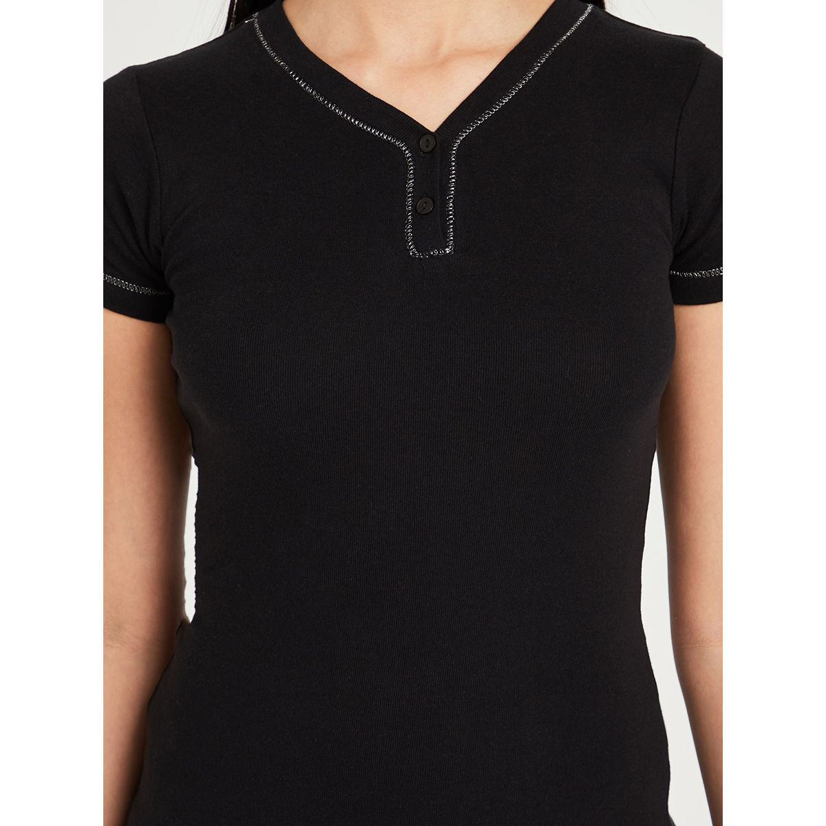 Styli Placket Detail Rib T-shirt and Checked Cuff Pyjama Set-women-clothing-nightwear-pyjamas-longsets-image-3