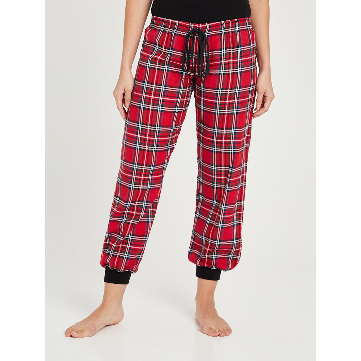Styli Placket Detail Rib T-shirt and Checked Cuff Pyjama Set-women-clothing-nightwear-pyjamas-longsets-image-5
