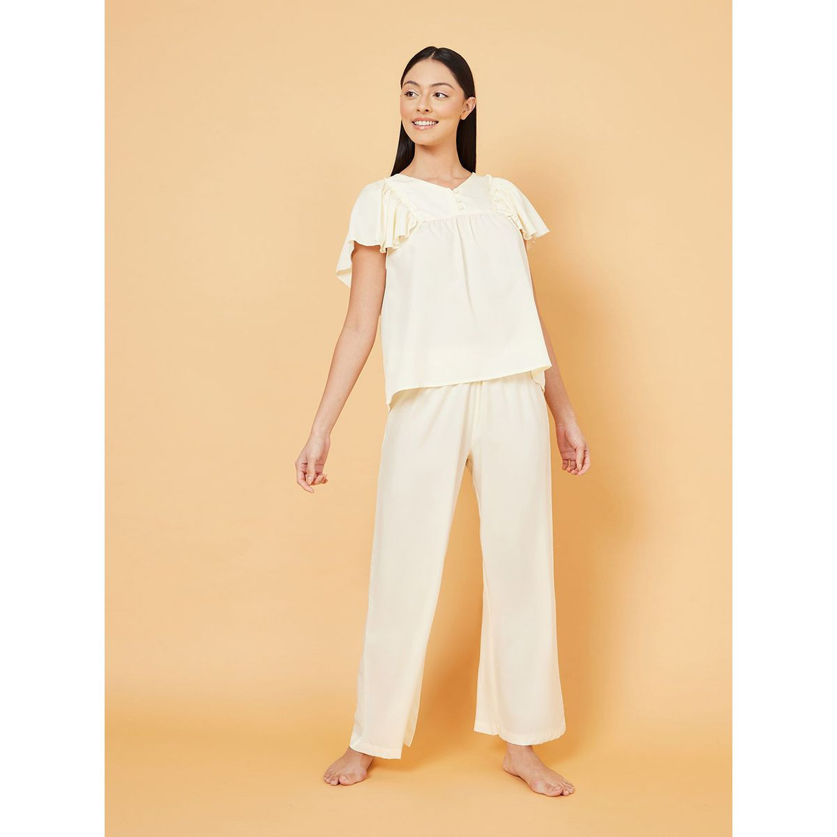 Styli Ruffle Sleeves Button Detail Top and Pyjama Set-women-clothing-nightwear-pyjamas-longsets-image-1