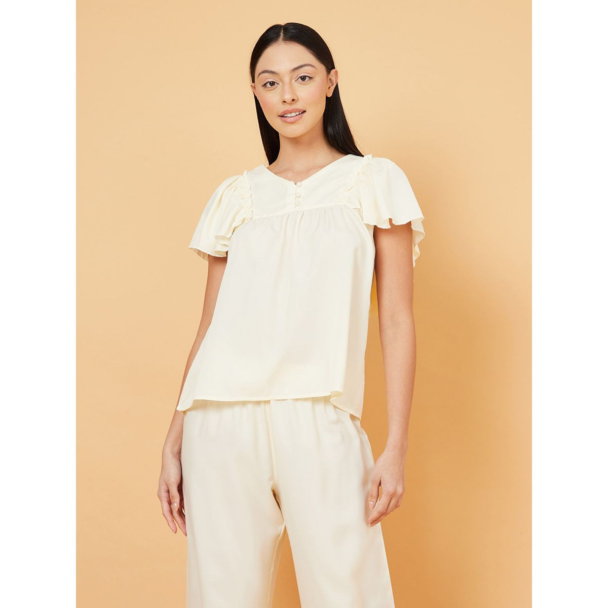 Styli Ruffle Sleeves Button Detail Top and Pyjama Set-women-clothing-nightwear-pyjamas-longsets-image-2
