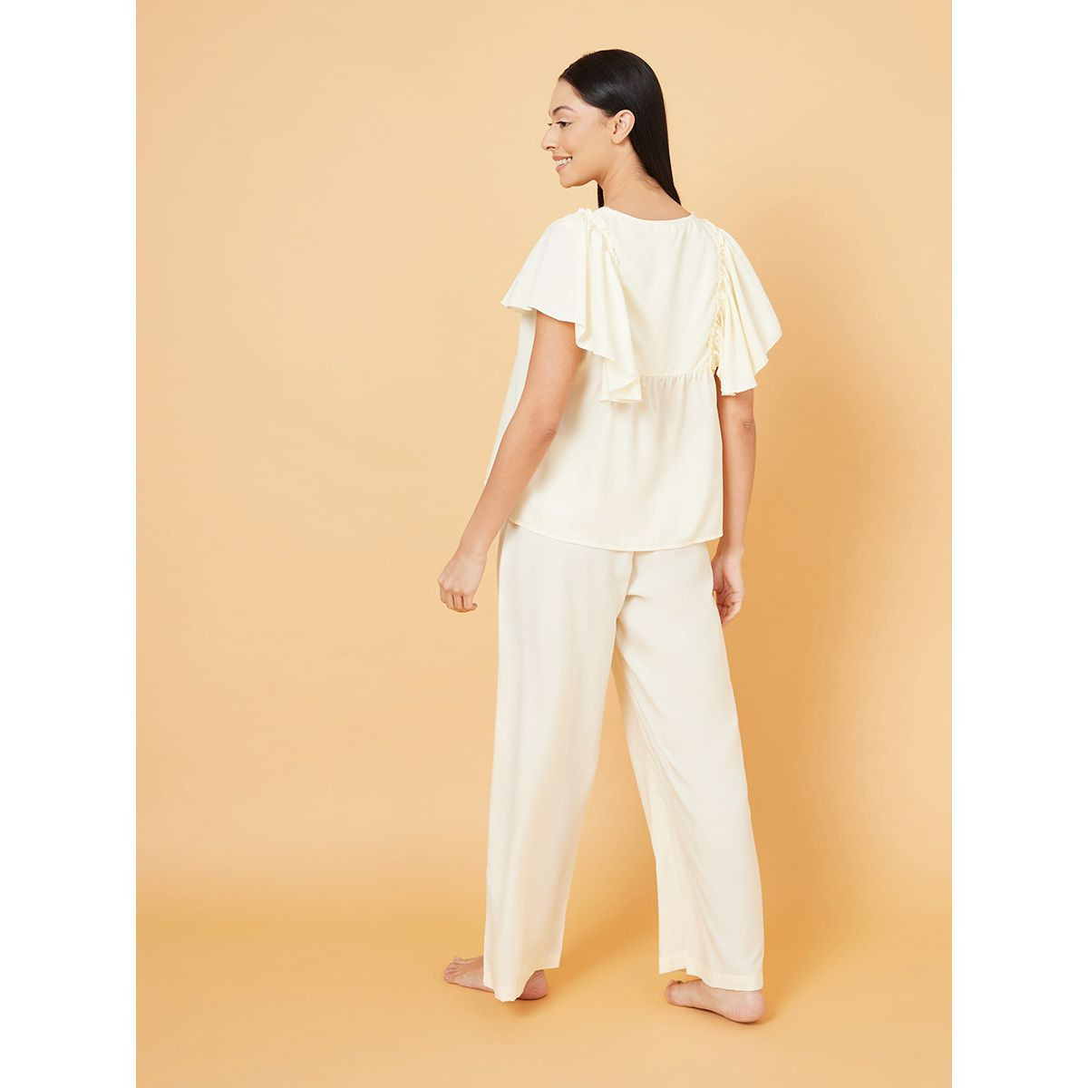 Styli Ruffle Sleeves Button Detail Top and Pyjama Set-women-clothing-nightwear-pyjamas-longsets-image-4
