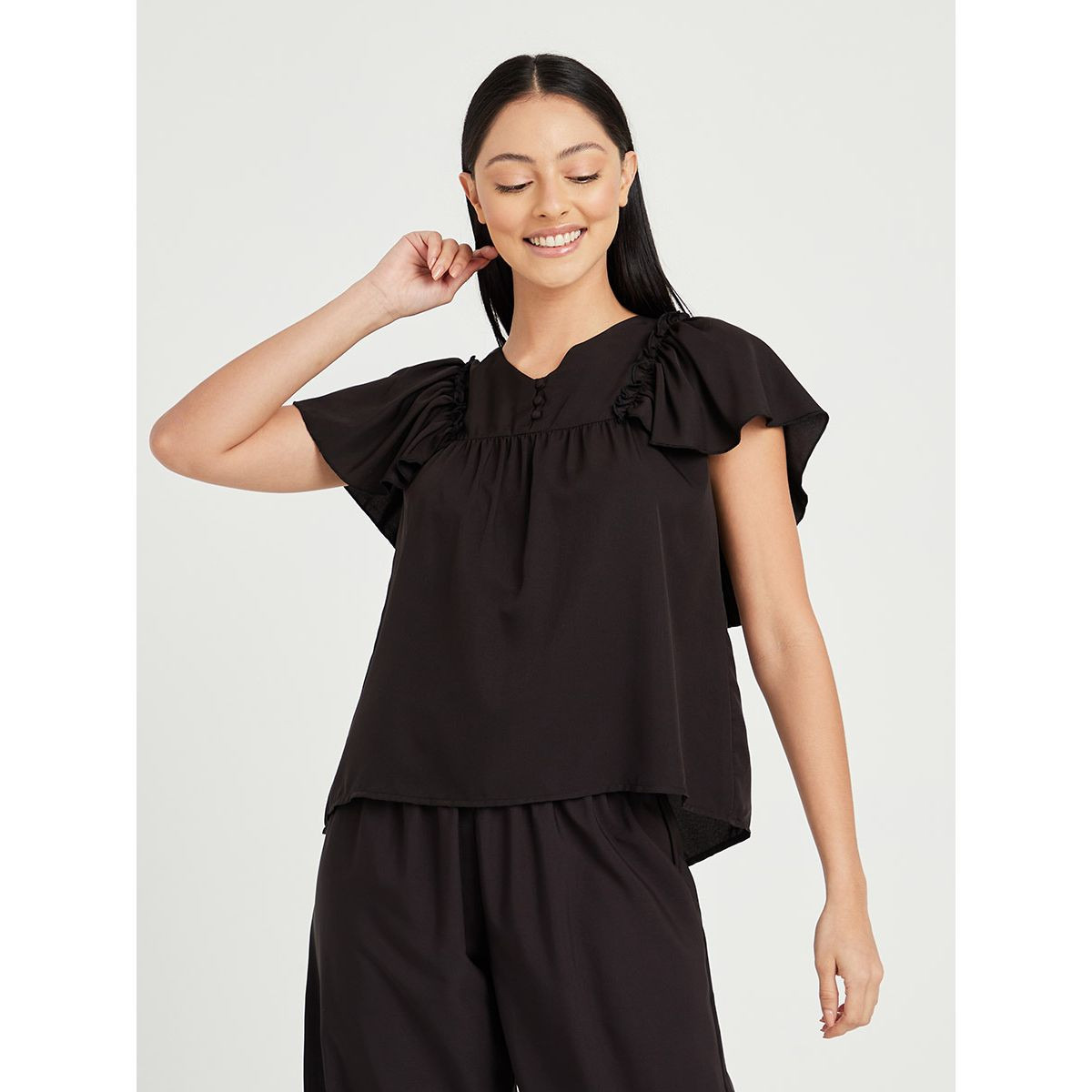Styli Ruffle Sleeves Button Detail Top and Pyjama Set-women-clothing-nightwear-pyjamas-longsets-image-2
