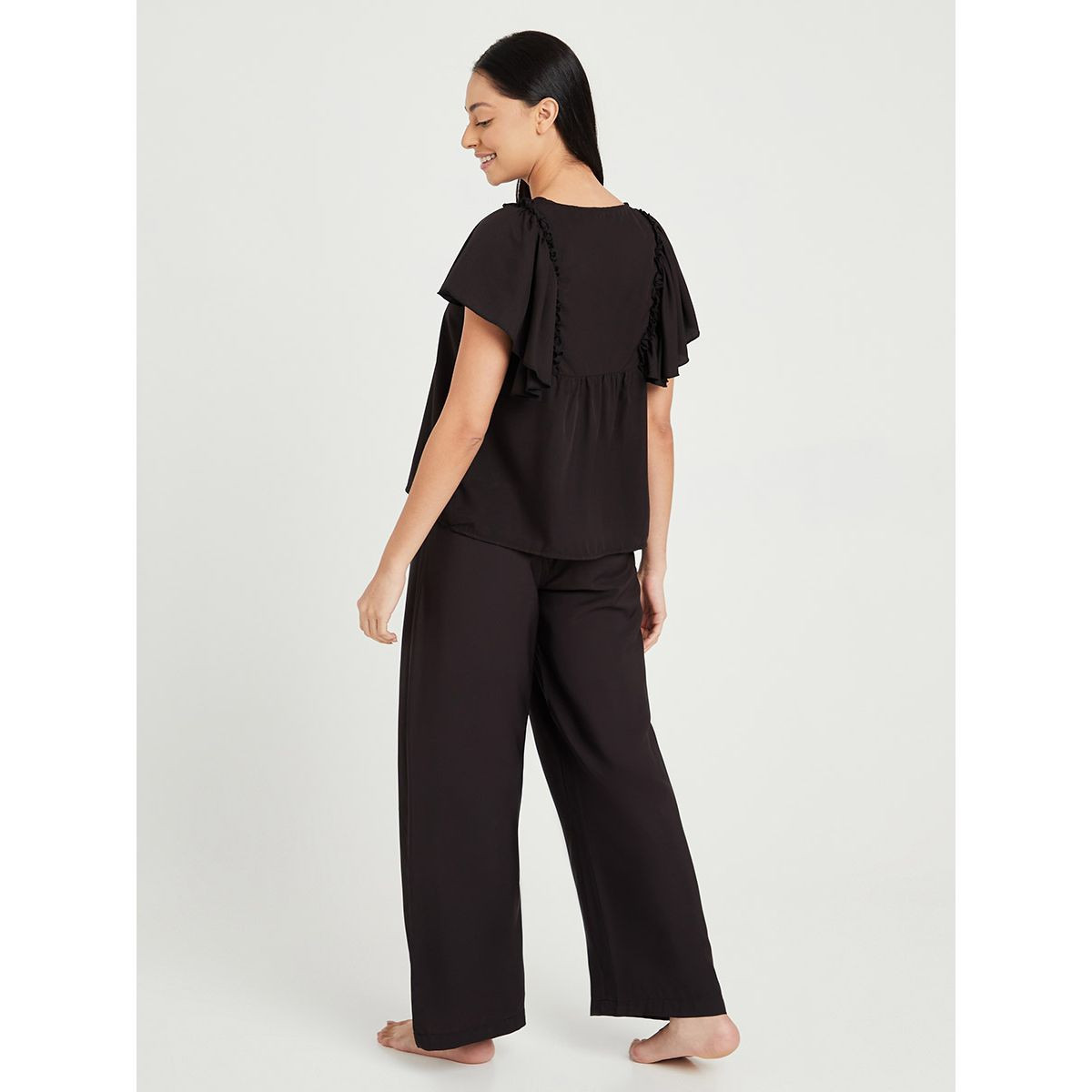 Styli Ruffle Sleeves Button Detail Top and Pyjama Set-women-clothing-nightwear-pyjamas-longsets-image-4