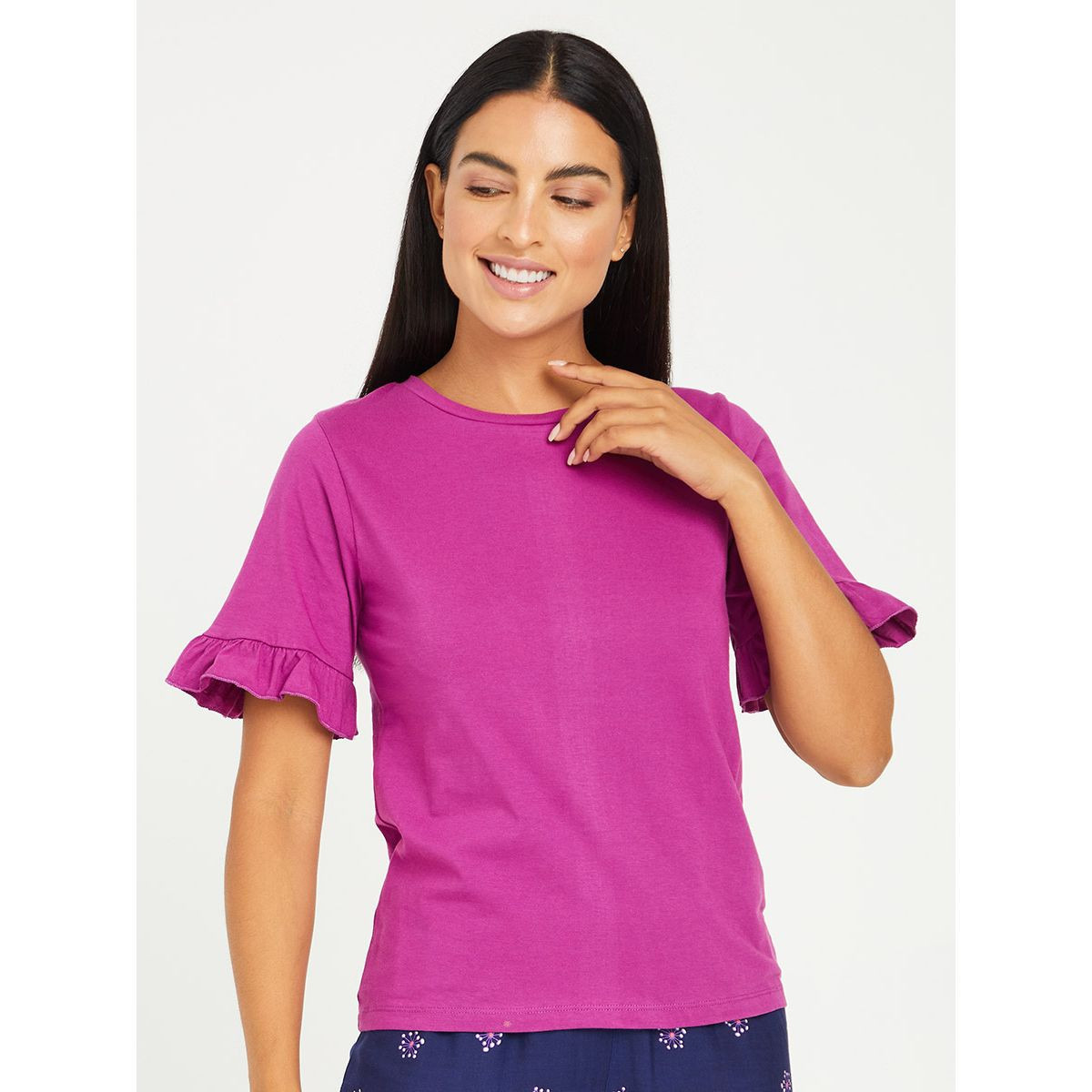 Styli Ruffle Sleeves Solid T-shirt and Floral Printed Pyjama Set-women-clothing-nightwear-pyjamas-longsets-image-2