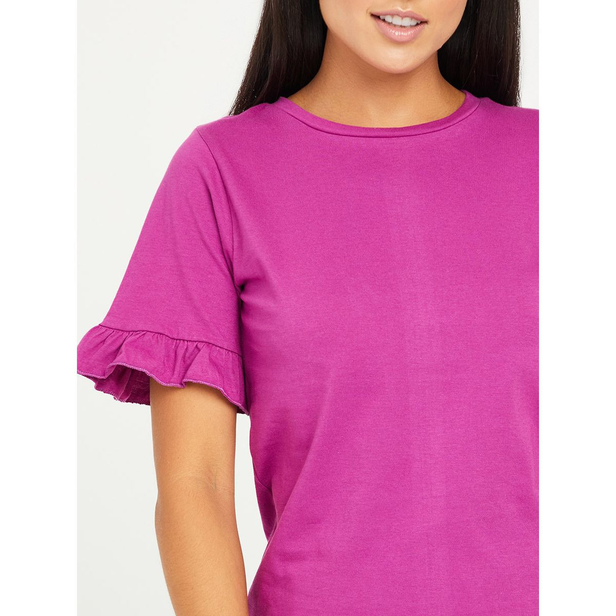 Styli Ruffle Sleeves Solid T-shirt and Floral Printed Pyjama Set-women-clothing-nightwear-pyjamas-longsets-image-3