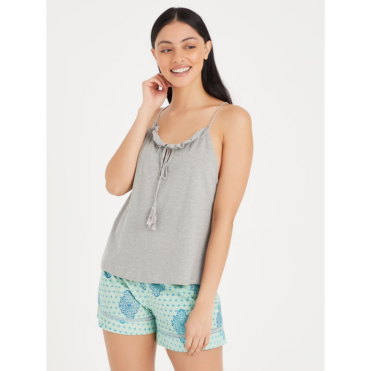 Styli Cotton Gathered Tassel Tie Cami and Printed Shorts Set-women-clothing-nightwear-pyjamas-longsets-image-1