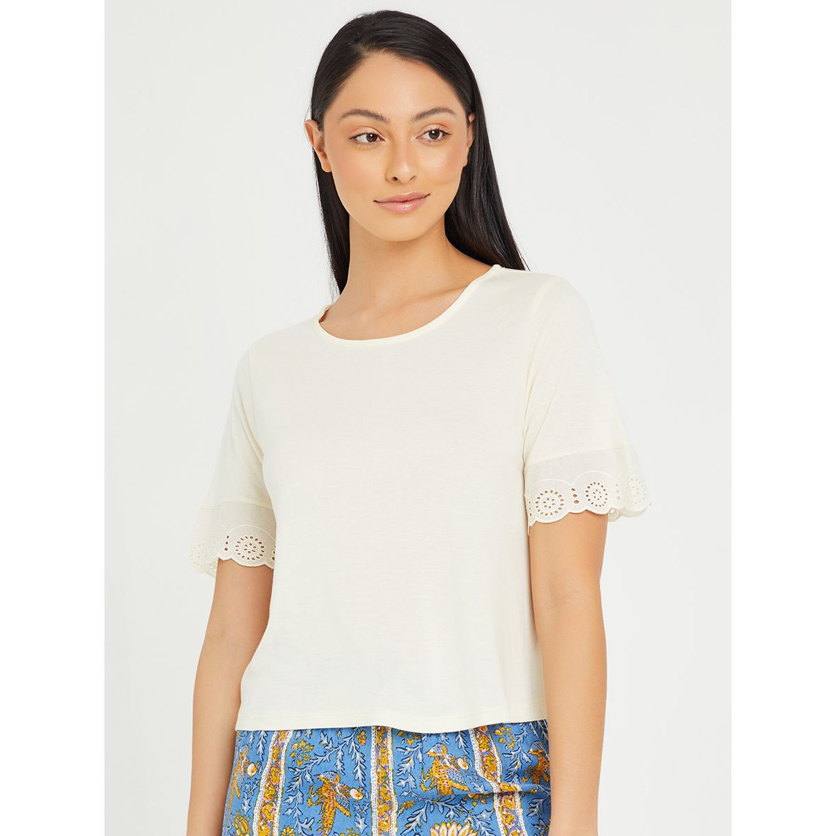 Styli Viscose Broderie Lace Sleeve Detail T-shirt and Stripe Floral Print Pyjama Set-women-clothing-nightwear-pyjamas-longsets-image-2