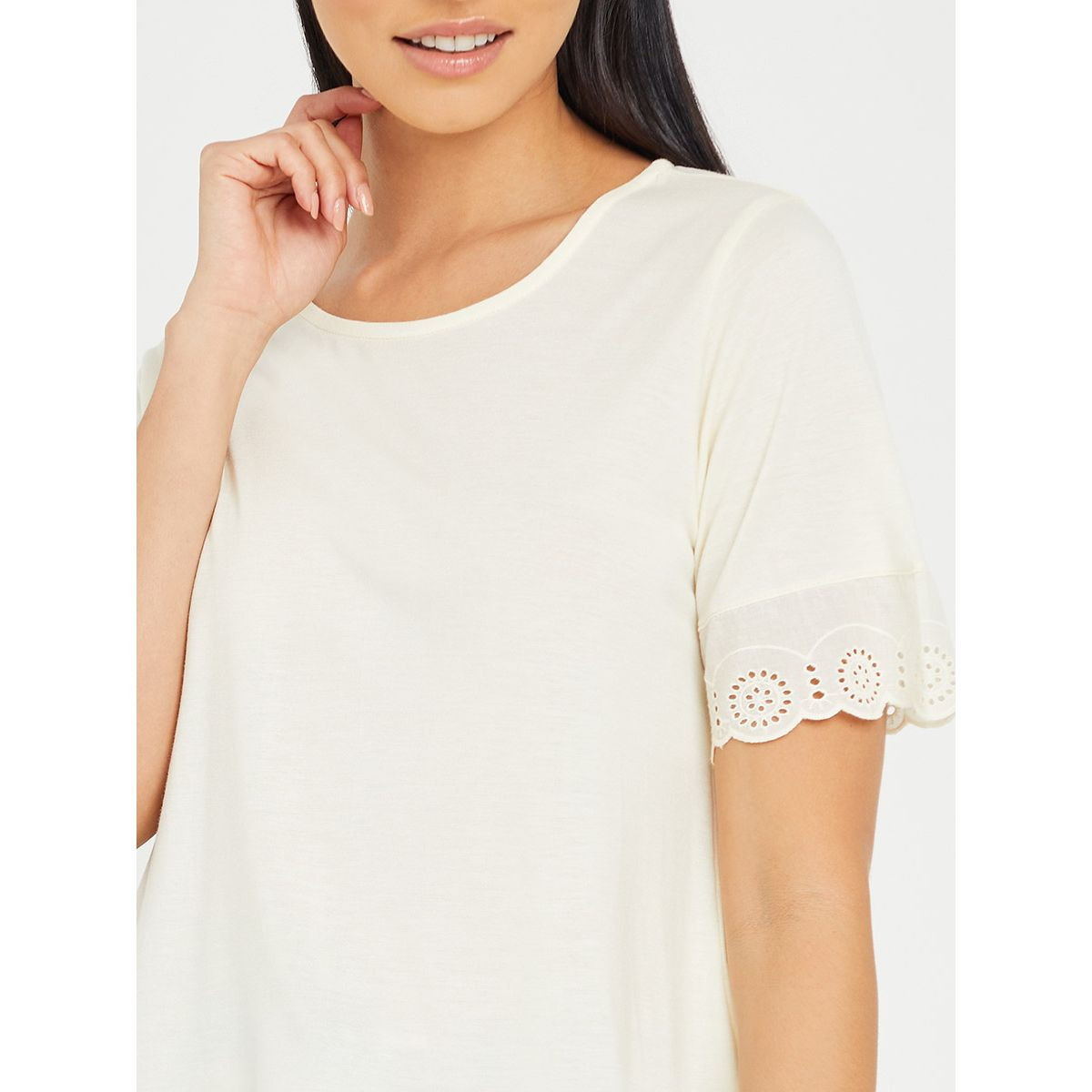 Styli Viscose Broderie Lace Sleeve Detail T-shirt and Stripe Floral Print Pyjama Set-women-clothing-nightwear-pyjamas-longsets-image-3