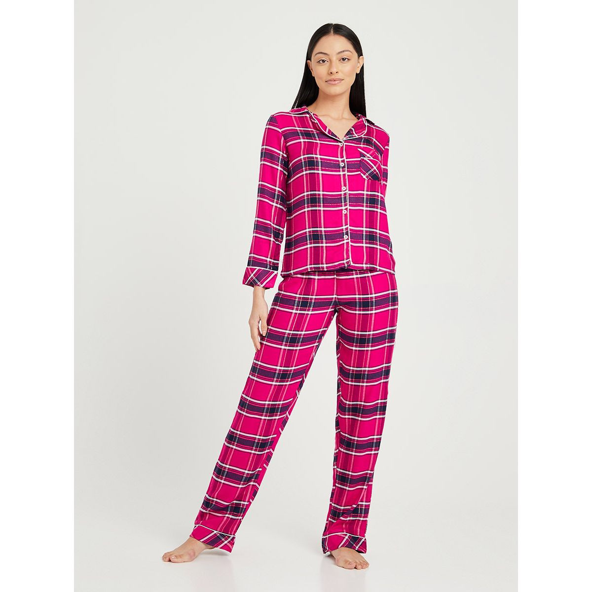 Styli Check Long Sleeves Button Through Shirt and Pyjama Set-women-clothing-nightwear-pyjamas-longsets-image-1