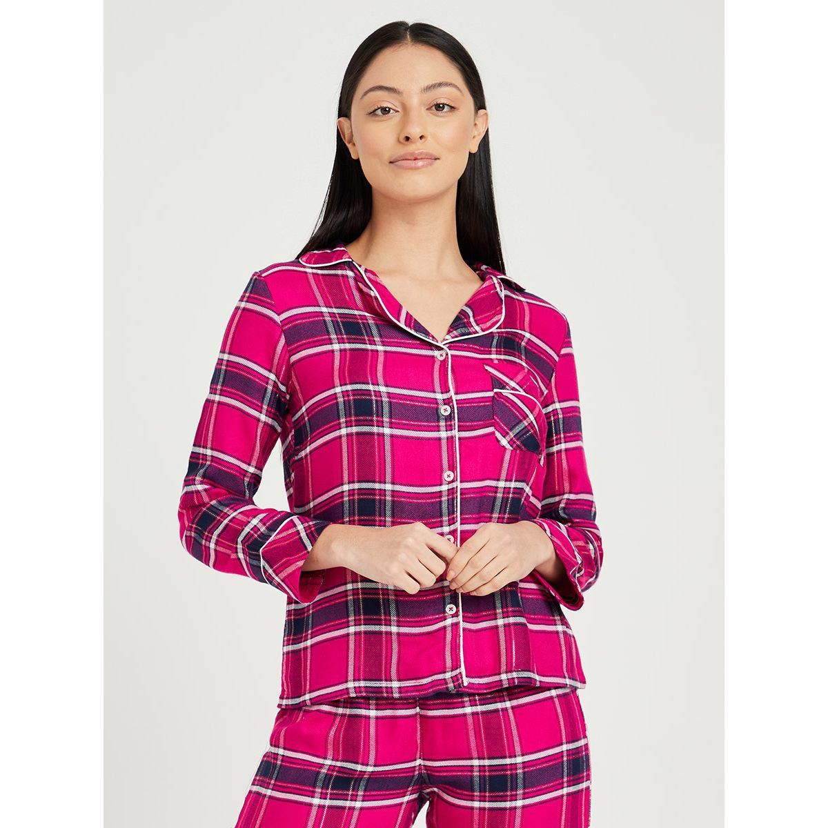 Styli Check Long Sleeves Button Through Shirt and Pyjama Set-women-clothing-nightwear-pyjamas-longsets-image-2