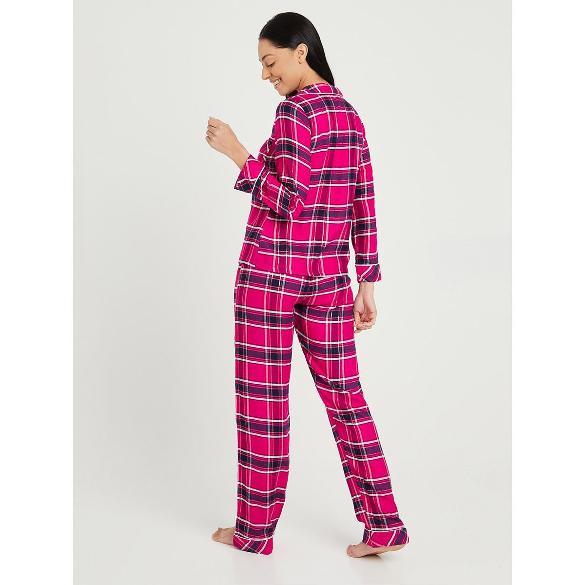 Styli Check Long Sleeves Button Through Shirt and Pyjama Set-women-clothing-nightwear-pyjamas-longsets-image-4