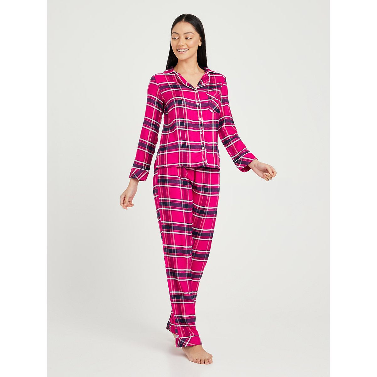 Styli Check Long Sleeves Button Through Shirt and Pyjama Set-women-clothing-nightwear-pyjamas-longsets-image-6